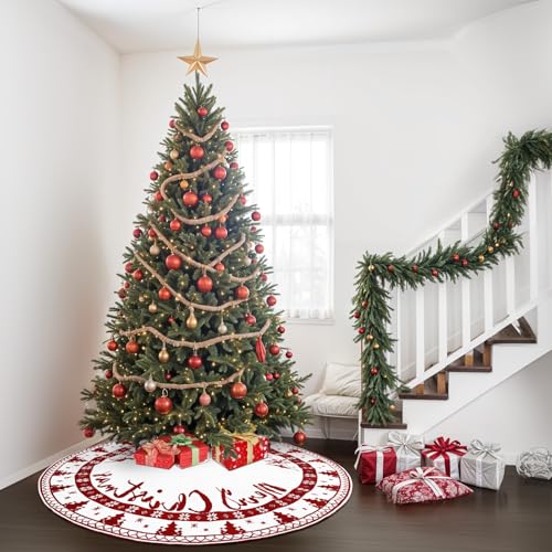 Reindeer Christmas Tree Skirt 60 Inch Knit Red & White Dual-Side Decorative Cover