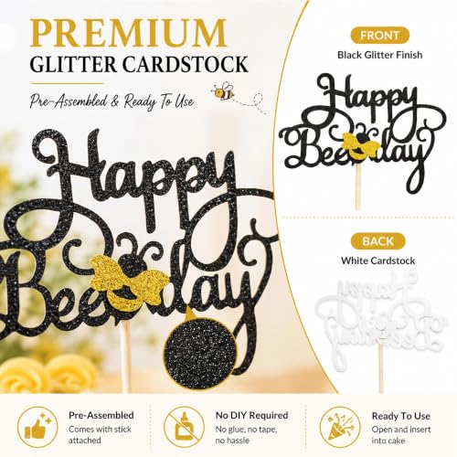 Happy Bee Day Cake Topper - Black Glitter Bumble Bee Decoration