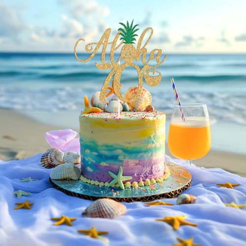 Aloha 70 Cake Topper - Gold Glitter Hawaiian Birthday Decorations