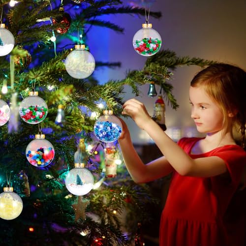 50 Pcs 3.15 Inch Clear Refillable Christmas Plastic Ornaments Rainbow Ball with Lid & Rope