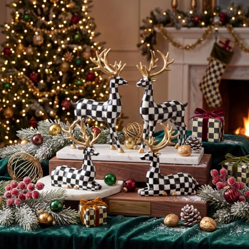 Black White Christmas Reindeer Figurines Set - Indoor Resin Deer Decor
