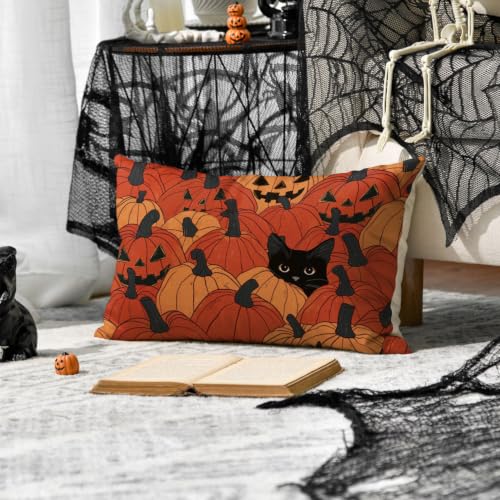 AVOIN colorlife Halloween Pumpkin Black Cat Throw Pillow Covers, 12x20, Set of 2