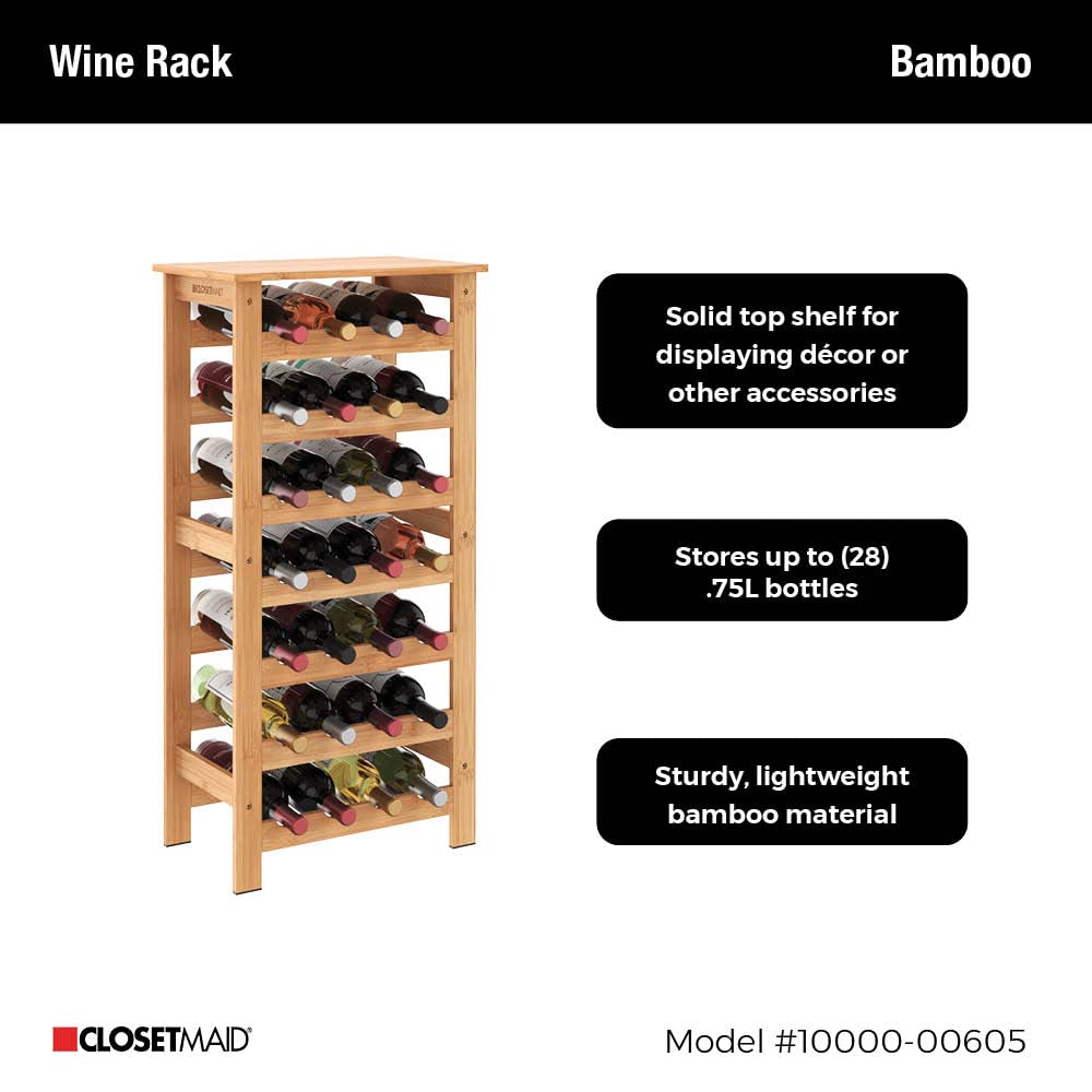 ClosetMaid 28 Bottle Standing Floor Wine Storage Rack Tower with Top Shelf, Bamboo Wood