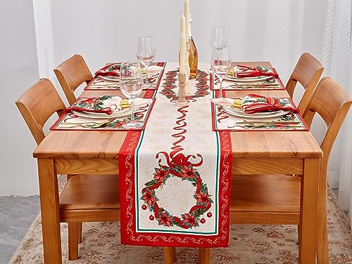 Christmas Table Runner 14 x 72 Poinsettia Ribbon Printed Fabric Holiday Decor - Variation of Christmas Time / 14" x 72"