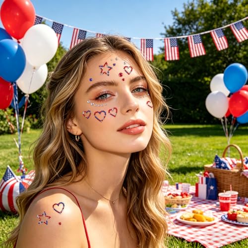 Doneace 4th of July Star Face Gems - Patriotic Self-Adhesive Rhinestones for Face, Body, and Hair (4-Pack)