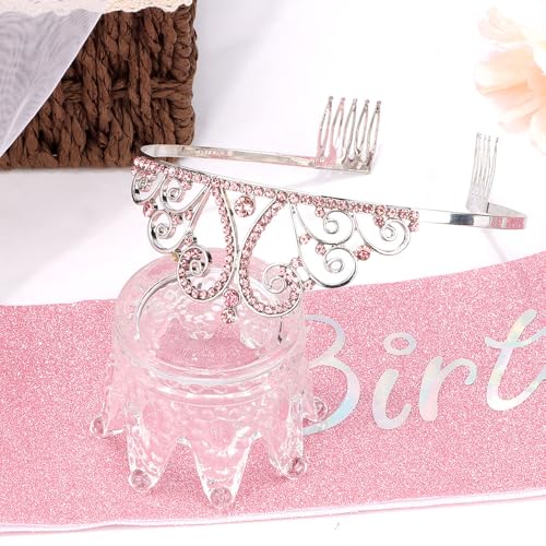 AOPRIE Birthday Sash and Rhinestone Tiara Set for Women, Pink 2-Pack