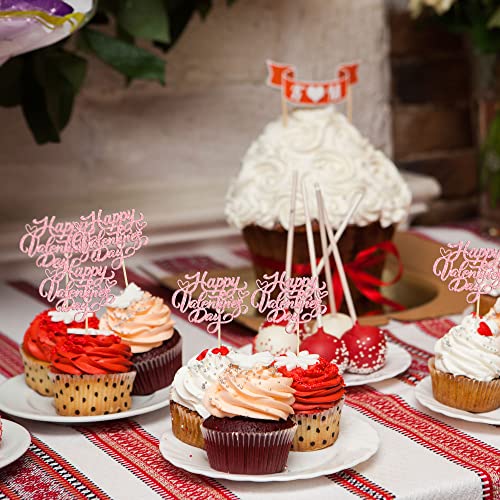 Valentine's Day Glitter Cupcake Toppers 24Pcs Pink Sweet Love Cake Picks