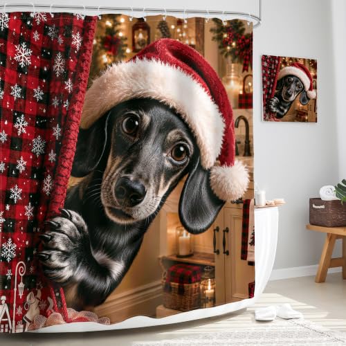 Christmas Dachshund Shower Curtain - Cute Holiday Bathroom Decor, 60"W x 72"L (Pack of 1) - Red & Green Festive Design