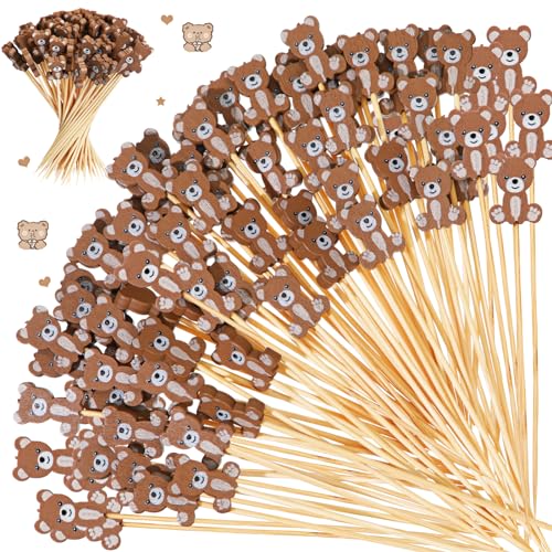 4.7 Inch Bamboo Cocktail Picks - Bear Style Decorative Food Skewers (100 Pack)