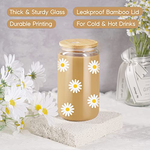 Daisy Aesthetic Coffee Cup with Lid & Straw - 16 oz Glass, White