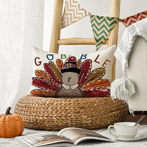Thanksgiving Gobble Turkey Pillow Cover, 12x20 Inch Cushion Case