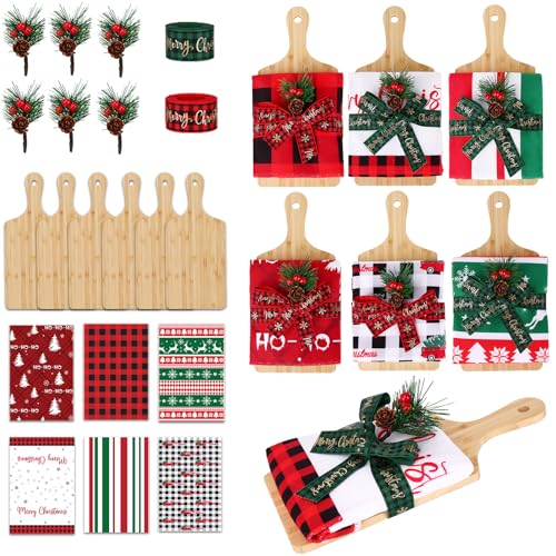 6-Piece Christmas Kitchen Utensil & Cutting Board Gift Set - Bamboo Towels Pine Picks Ribbons
