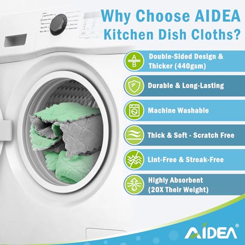 AIDEA Coral Fleece Kitchen Dishcloths, 6.3"x10.4", Green/Grey - 12 Pack