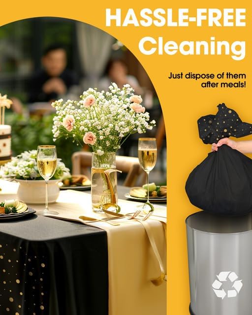 Niuara Table Cloth Set - Black and Gold Disposable Rectangle Table Covers | 3 Tablecloths & 3 Runners for Events