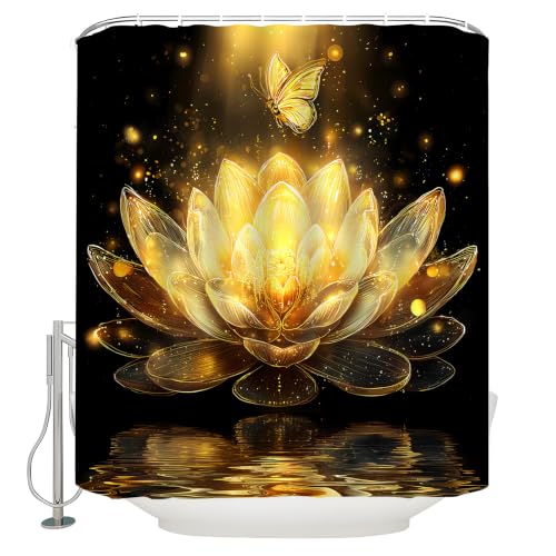 Black Gold Lotus Flower Shower Curtain, 70 x 70 Inch - Boho Design