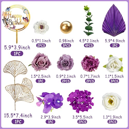 25-Piece Purple Floral Cake Topper Set for Birthday and Wedding Cakes