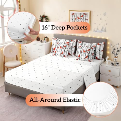 Christmas Cardinal Comforter Set Queen Size White Orange 7pcs Bedding
