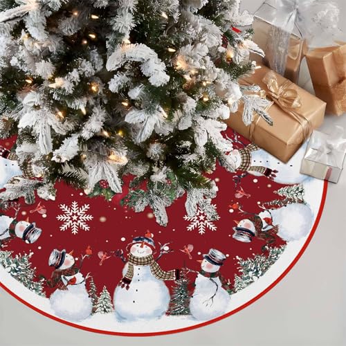 Snowman Christmas Tree Skirt 36 Inch - Red Holiday Decor