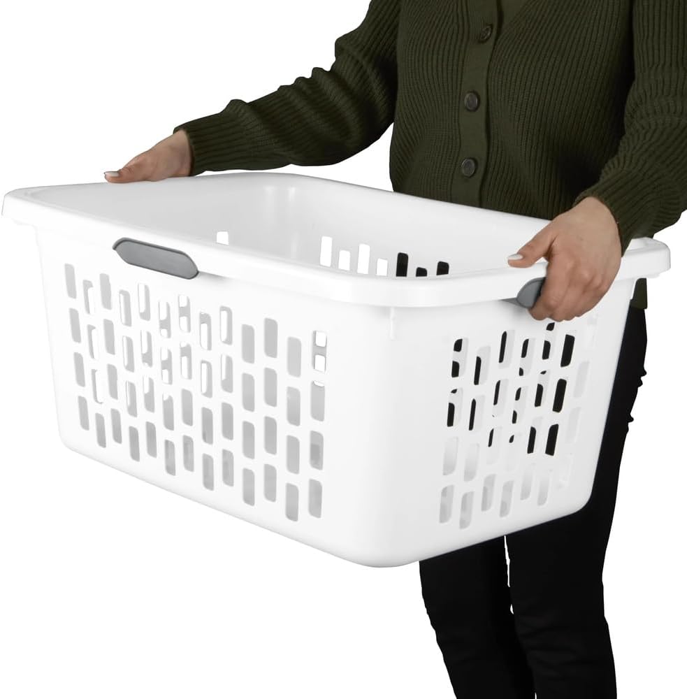 Skiennix Large Plastic Laundry Basket - Rectangle Bin with Grip Handles | 2 Bushel Capacity, White