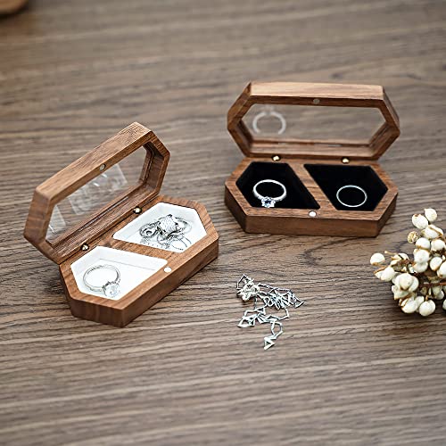 Engraved Wooden Double Ring Box - Walnut Jewelry Holder for 2 Rings
