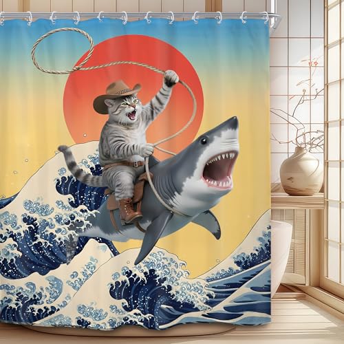 Funny Cat Shower Curtain Set - Cute Cartoon Ocean Design, 60"x72" (Pack of 12)