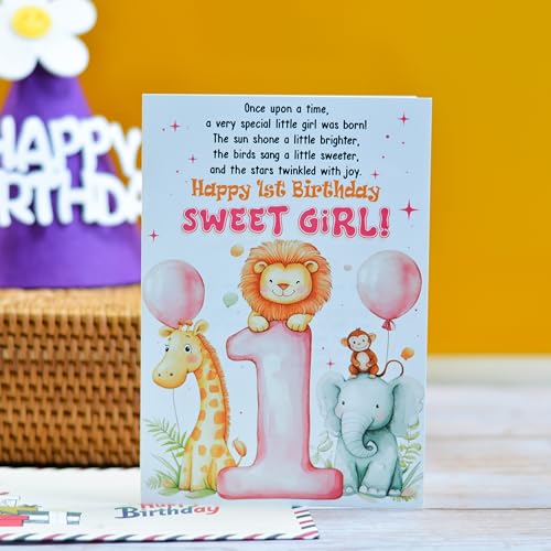 1st Birthday Card for Baby Girl with Envelope & Seal