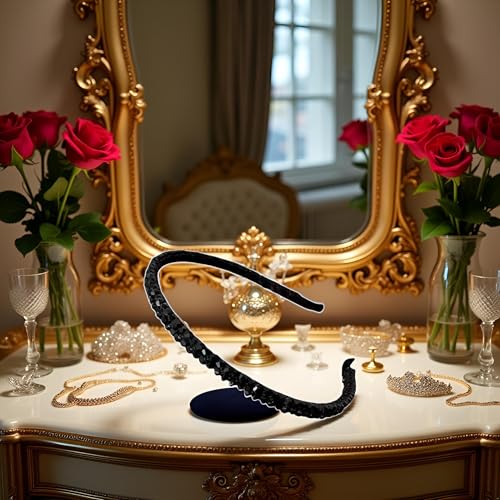 Black Crystal Bead Headband Sparkling Rhinestone Hair Band for Women