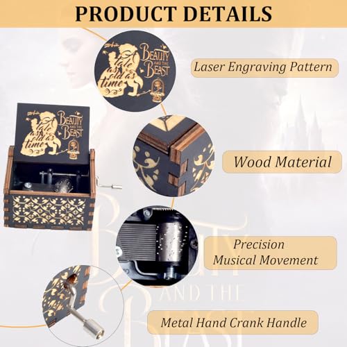 Beauty and the Beast Hand Crank Wooden Music Box - Romantic Gift