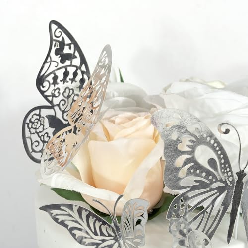 Silver Butterfly Cupcake Toppers 42 Pack 3D Metallic Cake Decorations