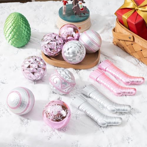 Pink and Silver Christmas Balls Ornament Set - 100 Shatterproof Plastic Decor with Tree Topper & Snowflakes