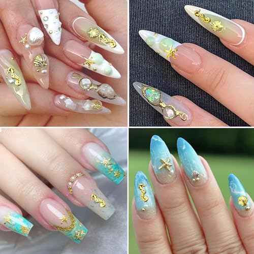 FSpronail Summer 3D Ocean Beach Nail Charms Gold Seashell Gems Set
