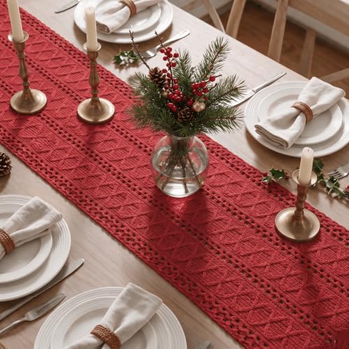 Rose Red Woven Farmhouse Table Runner 12x120 Inch - Durable Cotton Polyester