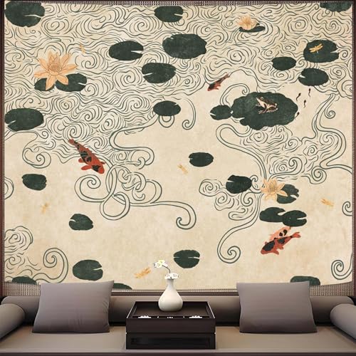 Lifeella Koi Pond Tapestry - Abstract Lotus Wall Hanging, 48"L x 36"W