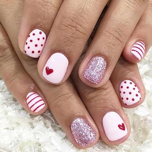 Valentine Press on Nails Square Pink Heart Glitter Fake Nails Acrylic Kit