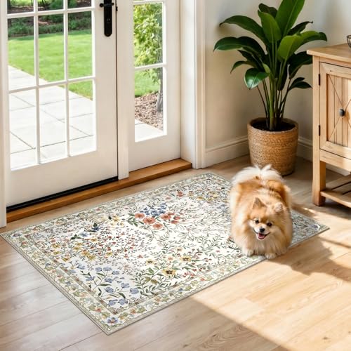Beige Vintage Floral 2x3 Washable Area Rug - Non-Slip Soft Carpet