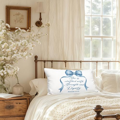 Bible Verse Pillow Cover 12x20 - Proverbs 31:25 Decor
