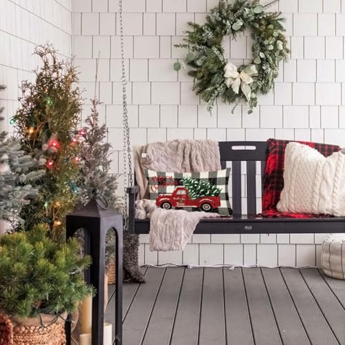 RABUSOFA 12x20 Red Truck Christmas Pillow Cover - Buffalo Plaid