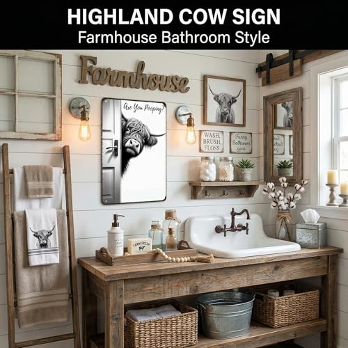 Funny Highland Cow Tin Sign - Are You Pooping? 8x12 Inch Bathroom Decor