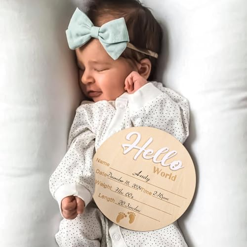 Wooden Baby Announcement Sign - Hello World Newborn Name Plaque