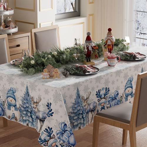 Christmas Tablecloth 84x60 Inch Snowman Deer Tree Winter Decor Washable Rectangular