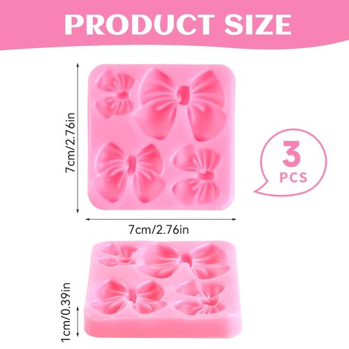 FDKYOEK 3 PCS Bow Chocolate Molds, Pink Silicone Chocolate Mold, DIY Mini Bows Sugar Candy Molds for Wedding Birthday Party Cake Cupcake Decoration, Bowknot Fondant Mold Baking Supplies