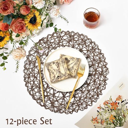 IcosaMro Set of 12 Round Brown Placemats - 13 Inch Woven Paper Table Decor