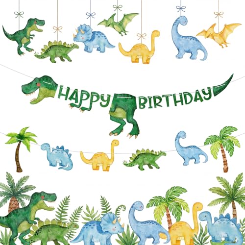 Litmitfu Dinosaur Birthday Banner - DIY Jungle Animal Garland for Dinosaur Themed Party