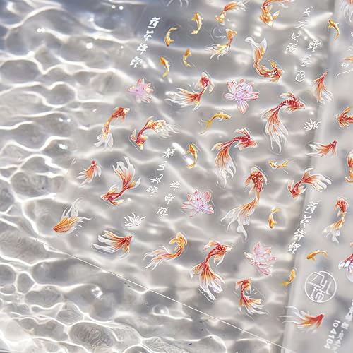 5D Embossed Goldfish Nail Art Stickers - Koi Fish & Lotus Leaf Decals