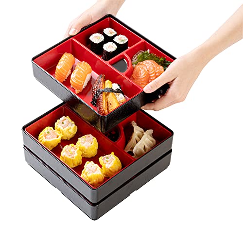 Restaurantware-8.3 x 5.9 Inch 5-Compartment Lunch Container, 1 Japanese Style Adult Lunch Container - 3 Stackable Layers, Black & Red Plastic Divided Meal Box, Greaseproof, Hot & Cold Food