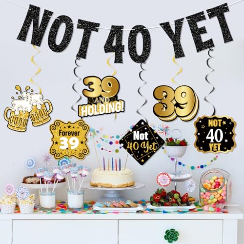 39th Birthday Decorations Set - Not 40 Yet Banner & Swirls