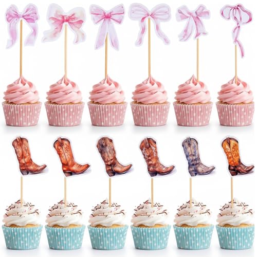 Kolldenn 36 Pcs Gender Reveal Cupcake Toppers - Boots & Bows