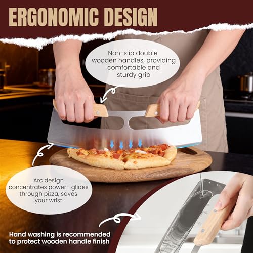 Gicyiit 14-Inch Stainless Steel Rocker Pizza Cutter with Wooden Handle, Sharp & Safe Kitchen Tool