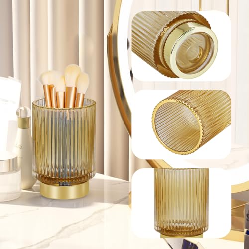 Large Amber Glass Makeup Brush Holder Organizer for Vanity & Countertop