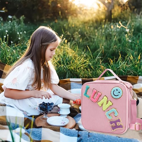Pink Insulated Lunch Bag with Adjustable Strap - Corduroy Design